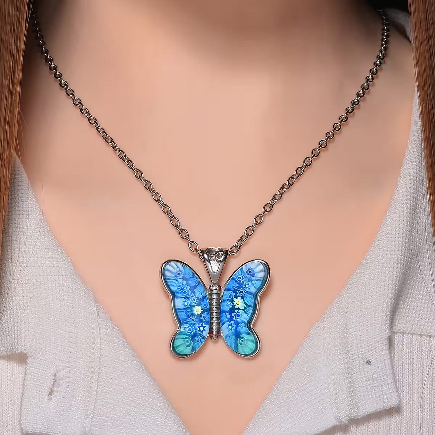 Blue Murano Style Butterfly Necklace in Stainless Steel 24 Inches