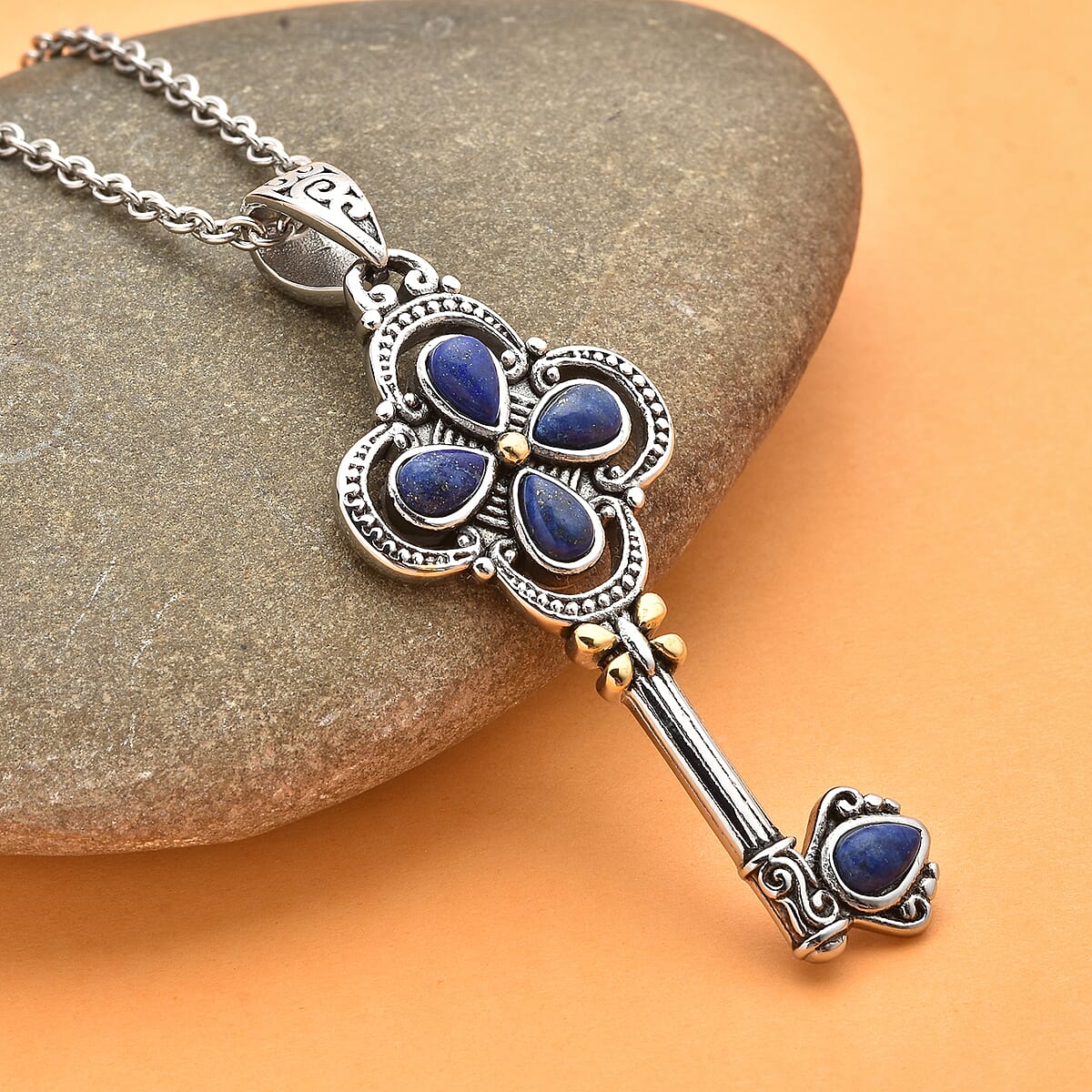 Lapis Lazuli Key Pendant Necklace 20 Inches in Stainless Steel 1.20 ctw image number 1