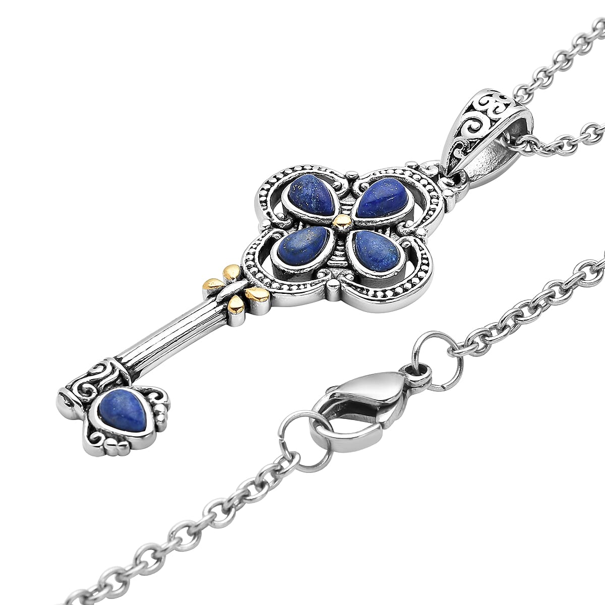 Lapis Lazuli Key Pendant Necklace 20 Inches in Stainless Steel 1.20 ctw image number 3