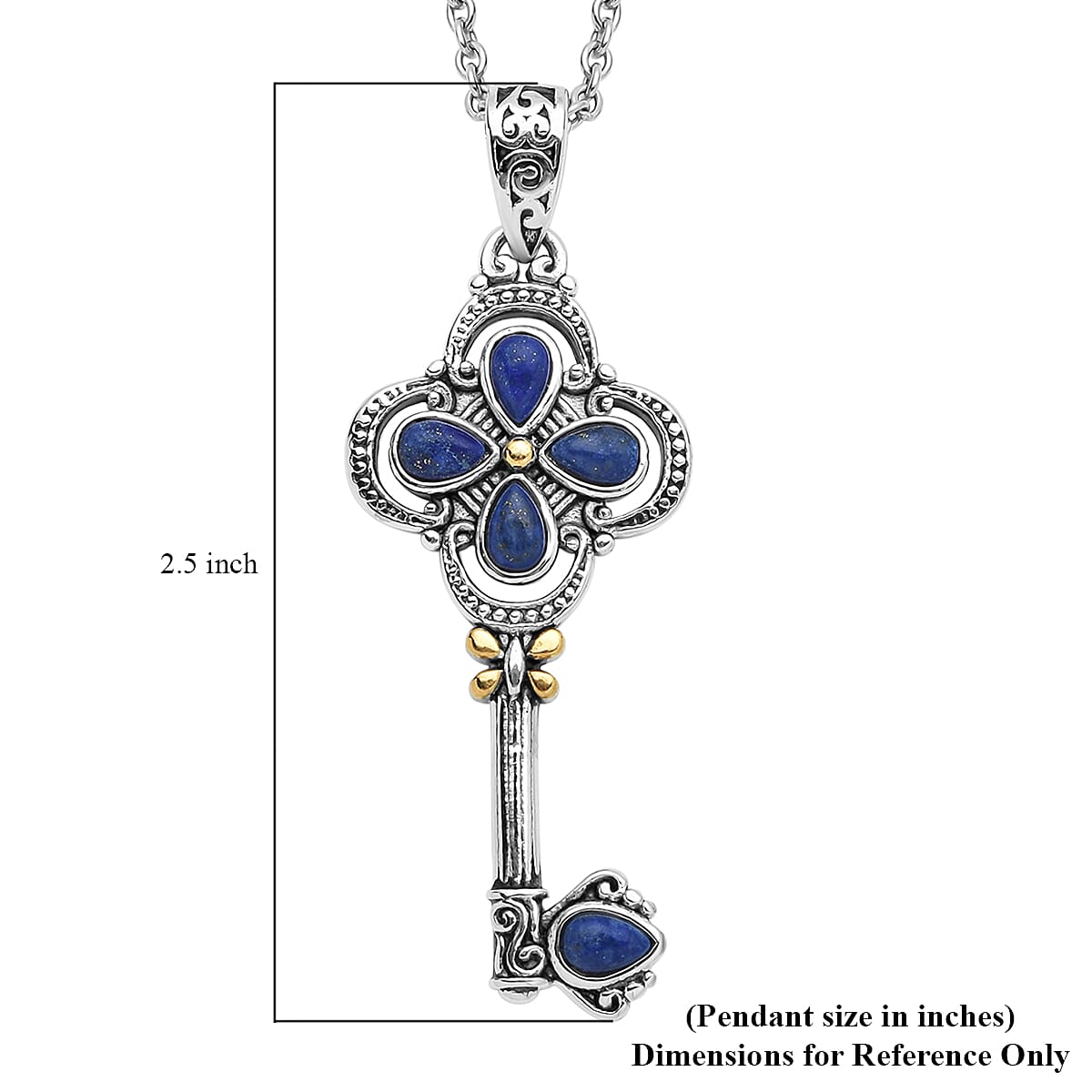 Lapis Lazuli Key Pendant Necklace 20 Inches in ION Plated Yellow Gold and Stainless Steel 1.20 ctw