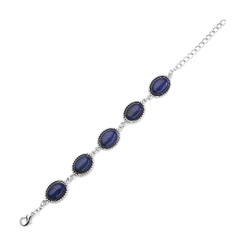 Lapis Lazuli 5 Stone Bracelet (7.50-9.0In) and Earrings in Silvertone 70.00 ctw