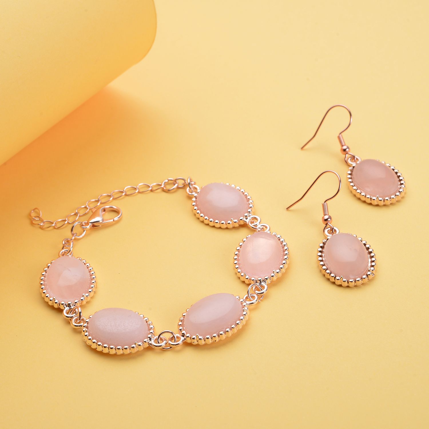 Galilea Rose Quartz 5 Stone Bracelet (7.50-9.0In) and Dangle Earrings in Rosetone 70.00 ctw