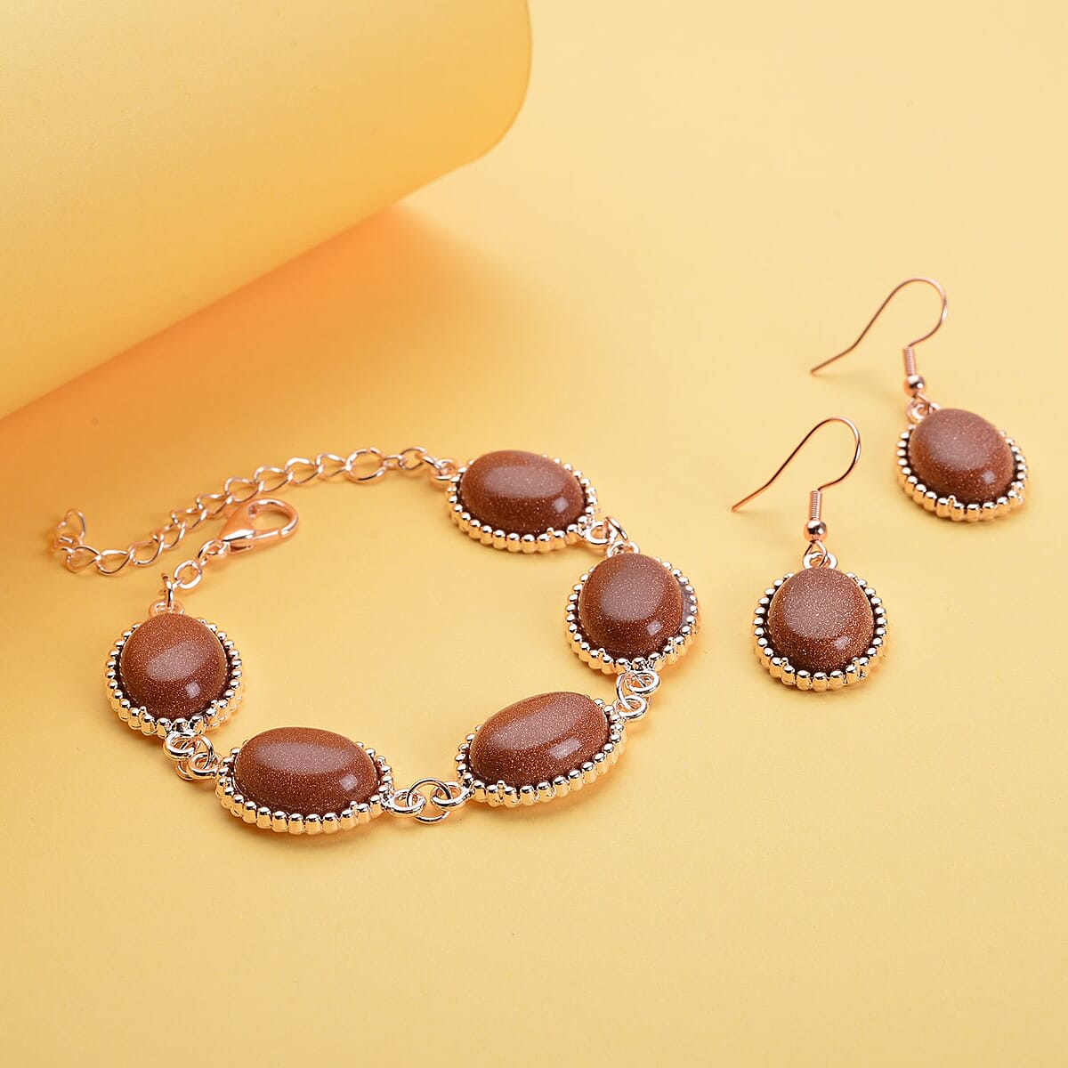 Gold Sandstone 5 Stone Bracelet (7.50-9.0In) and Dangle Earrings in Rosetone 70.00 ctw image number 1