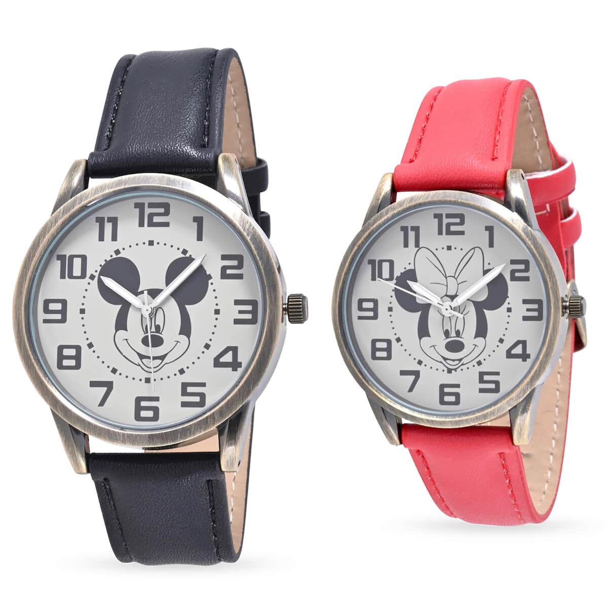 DISNEY Set of 2 Japanese Movement Mickey and Minnie Vintage Face Watch with Black Vegan Leather (42mm, 7-9) & Red Vegan Leather (32mm, 6-8) | Designer Vegan Leather Watch | Analog Luxury Wristwatch image number 0