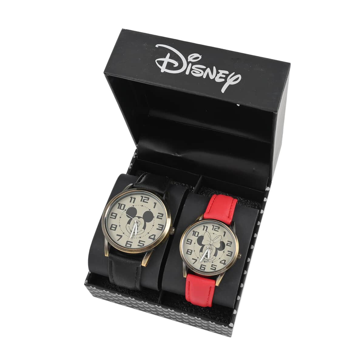 DISNEY Set of 2 Japanese Movement Mickey and Minnie Vintage Face Watch with Black Vegan Leather (42mm, 7-9) & Red Vegan Leather (32mm, 6-8) | Designer Vegan Leather Watch | Analog Luxury Wristwatch image number 5