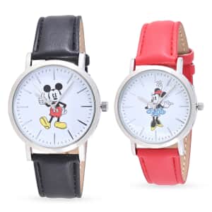 DISNEY Set of 2 Japanese Movement Mickey and Minnie Watch with Black Vegan Leather (44mm, 7-9) & Red Vegan Leather (34mm, 6-8)