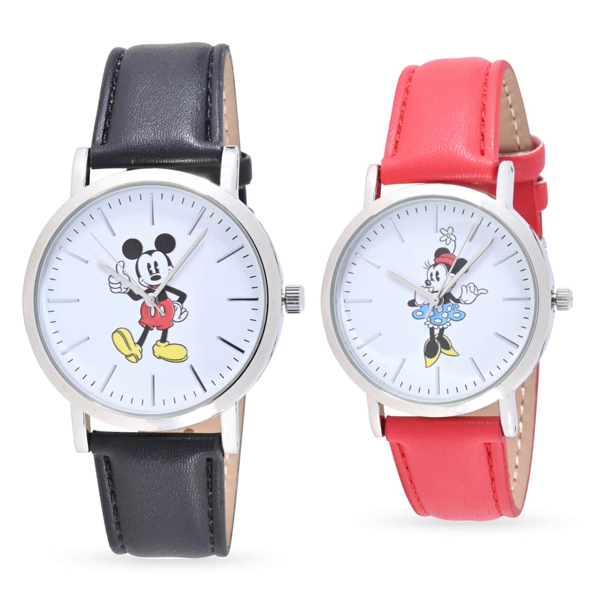 DISNEY Set of 2 Japanese Movement Mickey and Minnie Watch with Black Vegan Leather (44mm, 7-9) & Red Vegan Leather (34mm, 6-8) image number 0