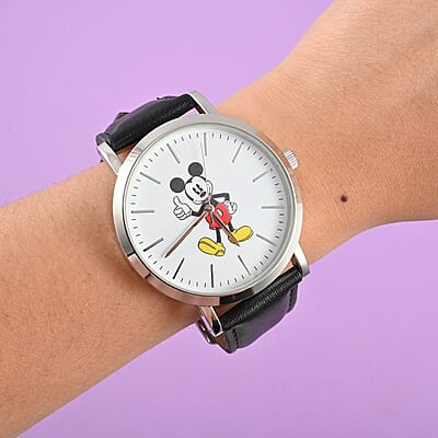 DISNEY Set of 2 Japanese Movement Mickey and Minnie Watch with Black Vegan Leather (44mm, 7-9) & Red Vegan Leather (34mm, 6-8)