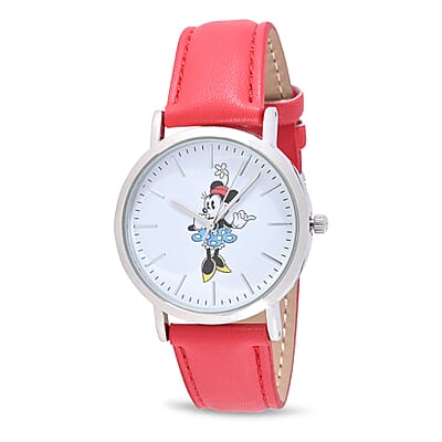 DISNEY Set of 2 Japanese Movement Mickey and Minnie Watch with Black Vegan Leather (44mm, 7-9) & Red Vegan Leather (34mm, 6-8)