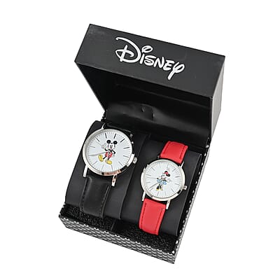 DISNEY Set of 2 Japanese Movement Mickey and Minnie Watch with Black Vegan Leather (44mm, 7-9) & Red Vegan Leather (34mm, 6-8)