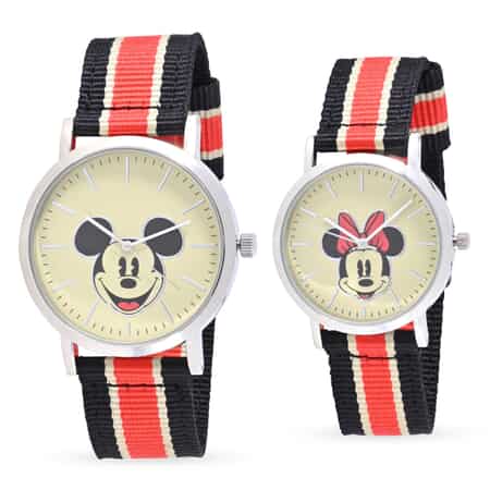 DISNEY Set of 2 Japanese Movement Mickey and Minnie Face Watch with Nylon Vintage Stripe Strap (44mm, 7-9) (34mm, 6-8) , Designer Nylon Straps Watch , Analog Luxury Wristwatch image number 0