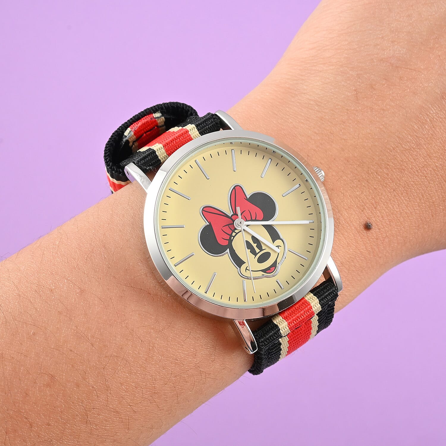 DISNEY Set of 2 Japanese Movement Mickey and Minnie Face Watch with Nylon Vintage Stripe Strap (44mm, 7-9) (34mm, 6-8) , Designer Nylon Straps Watch , Analog Luxury Wristwatch