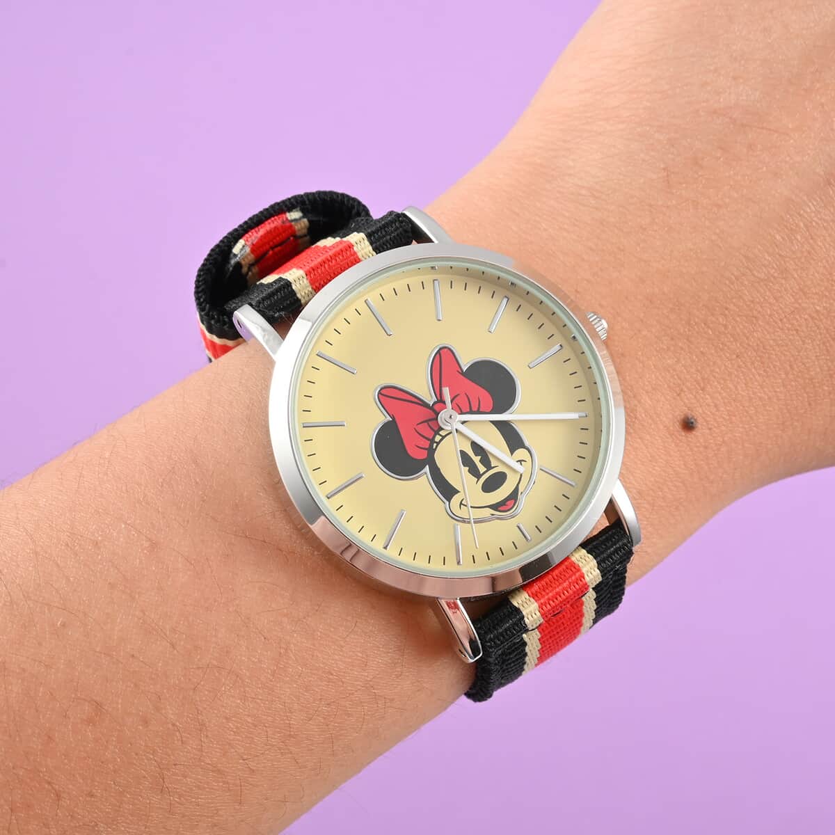 DISNEY Set of 2 Japanese Movement Mickey and Minnie Face Watch with Nylon Vintage Stripe Strap (44mm, 7-9) (34mm, 6-8) , Designer Nylon Straps Watch , Analog Luxury Wristwatch image number 1