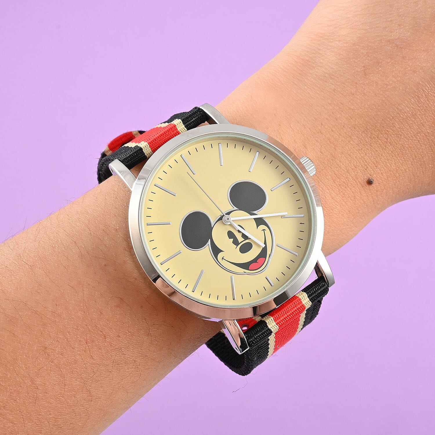 DISNEY Set of 2 Japanese Movement Mickey and Minnie Face Watch with Nylon Vintage Stripe Strap (44mm, 7-9) (34mm, 6-8) , Designer Nylon Straps Watch , Analog Luxury Wristwatch