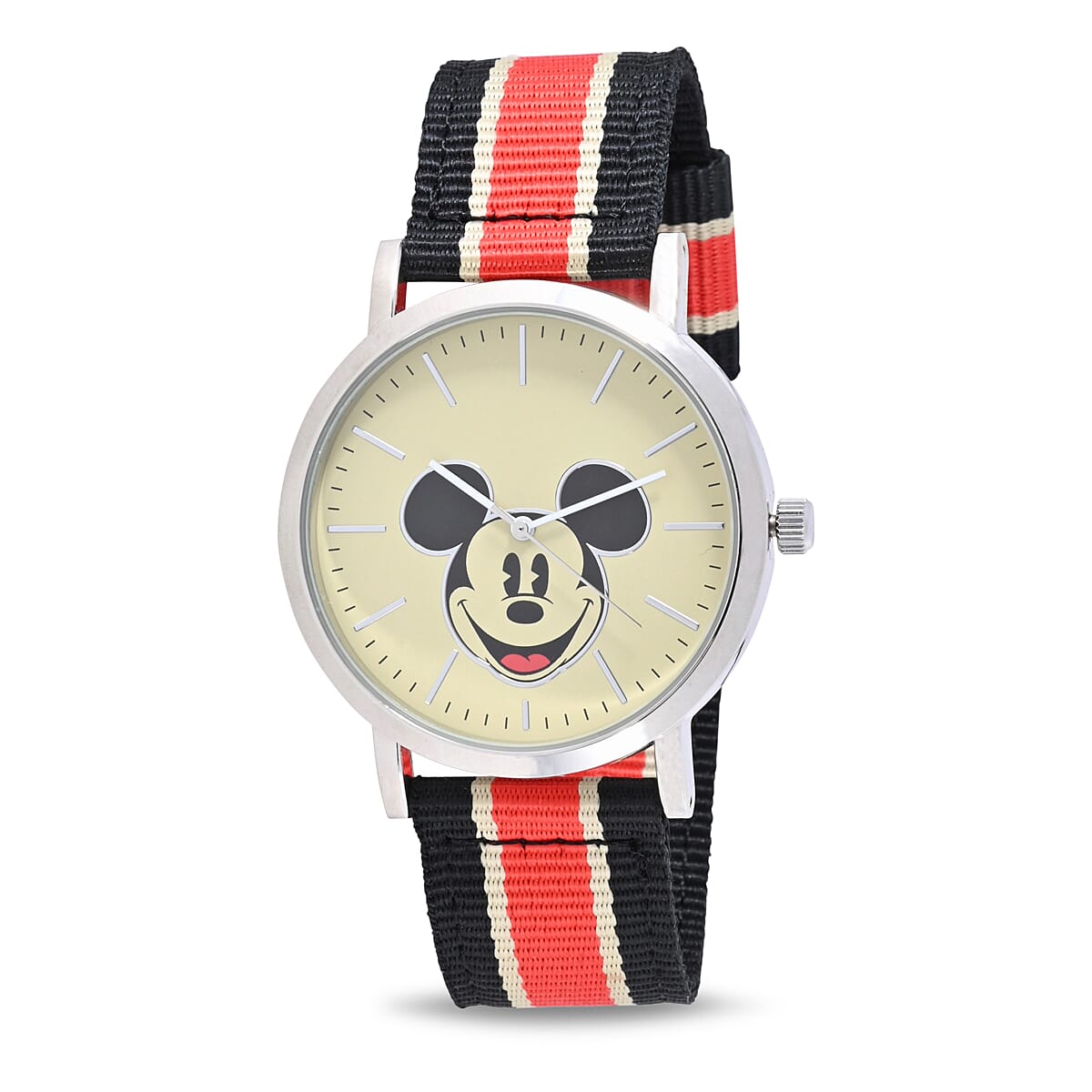 DISNEY Set of 2 Japanese Movement Mickey and Minnie Face Watch with Nylon Vintage Stripe Strap (44mm, 7-9) (34mm, 6-8) , Designer Nylon Straps Watch , Analog Luxury Wristwatch