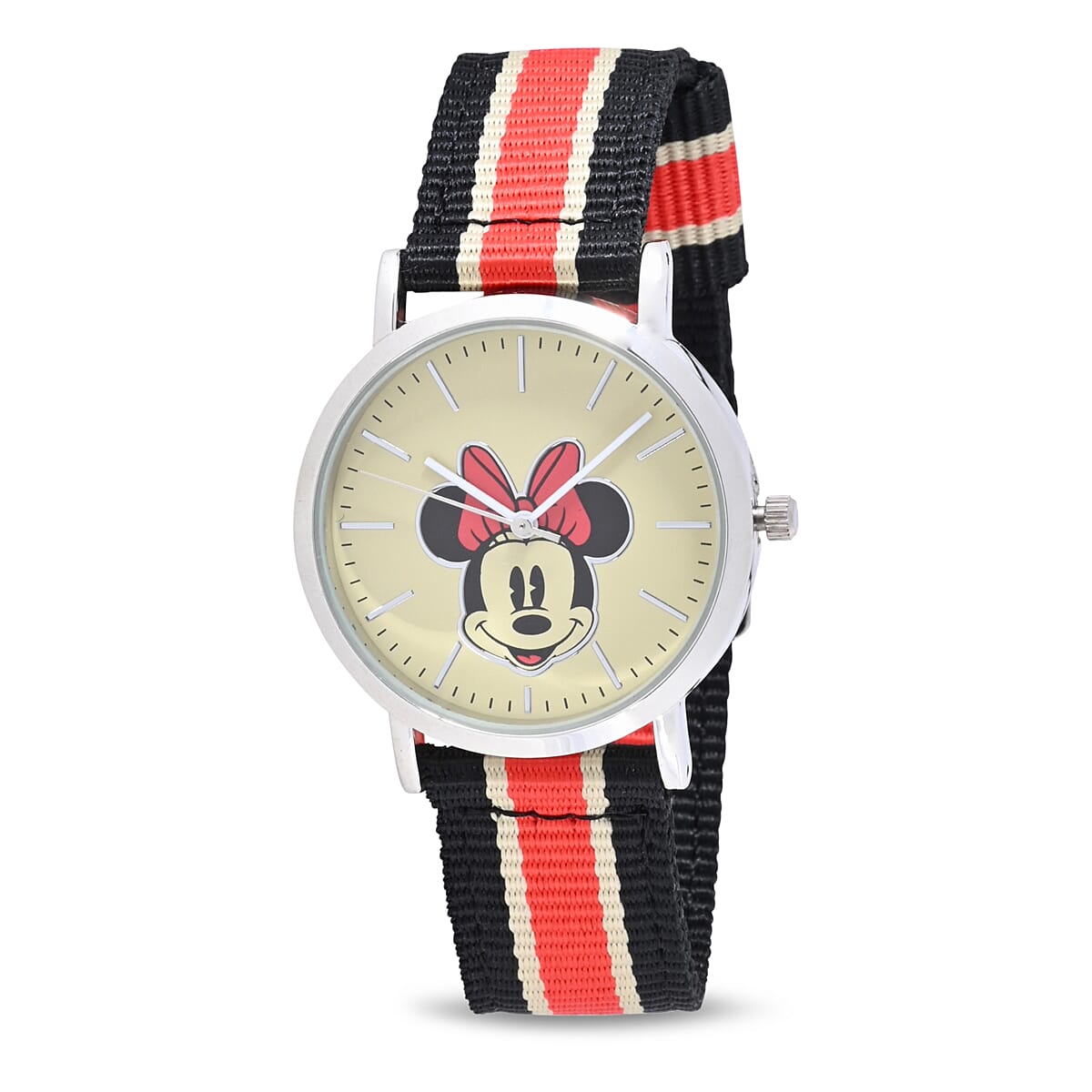 DISNEY Set of 2 Japanese Movement Mickey and Minnie Face Watch with Nylon Vintage Stripe Strap (44mm, 7-9) (34mm, 6-8) , Designer Nylon Straps Watch , Analog Luxury Wristwatch