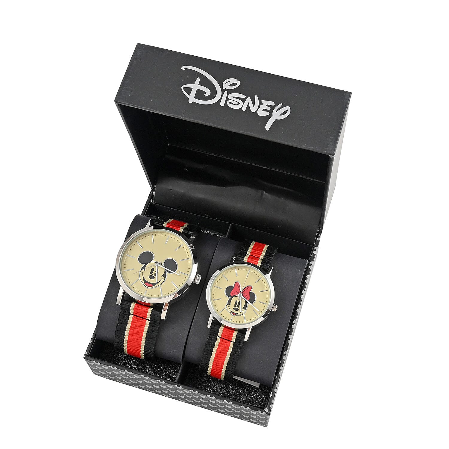 DISNEY Set of 2 Japanese Movement Mickey and Minnie Face Watch with Nylon Vintage Stripe Strap (44mm, 7-9) (34mm, 6-8) , Designer Nylon Straps Watch , Analog Luxury Wristwatch