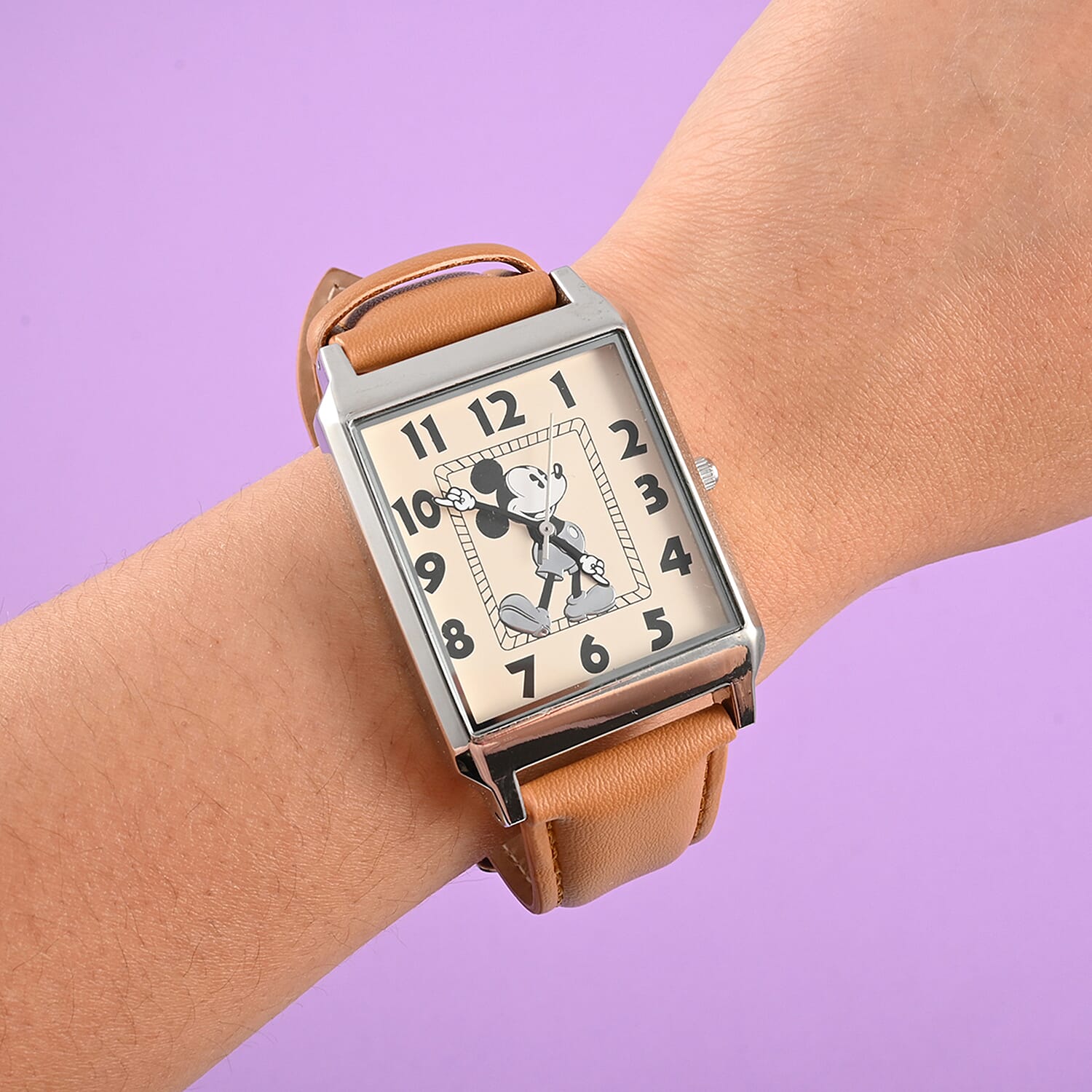 DISNEY Set of 2 Japanese Movement Mickey and Minnie Vintage Style Watch with Brown Vegan Leather (30X33mm. 7-9) & Cream Vegan Leather (25x28mm, 6-8)