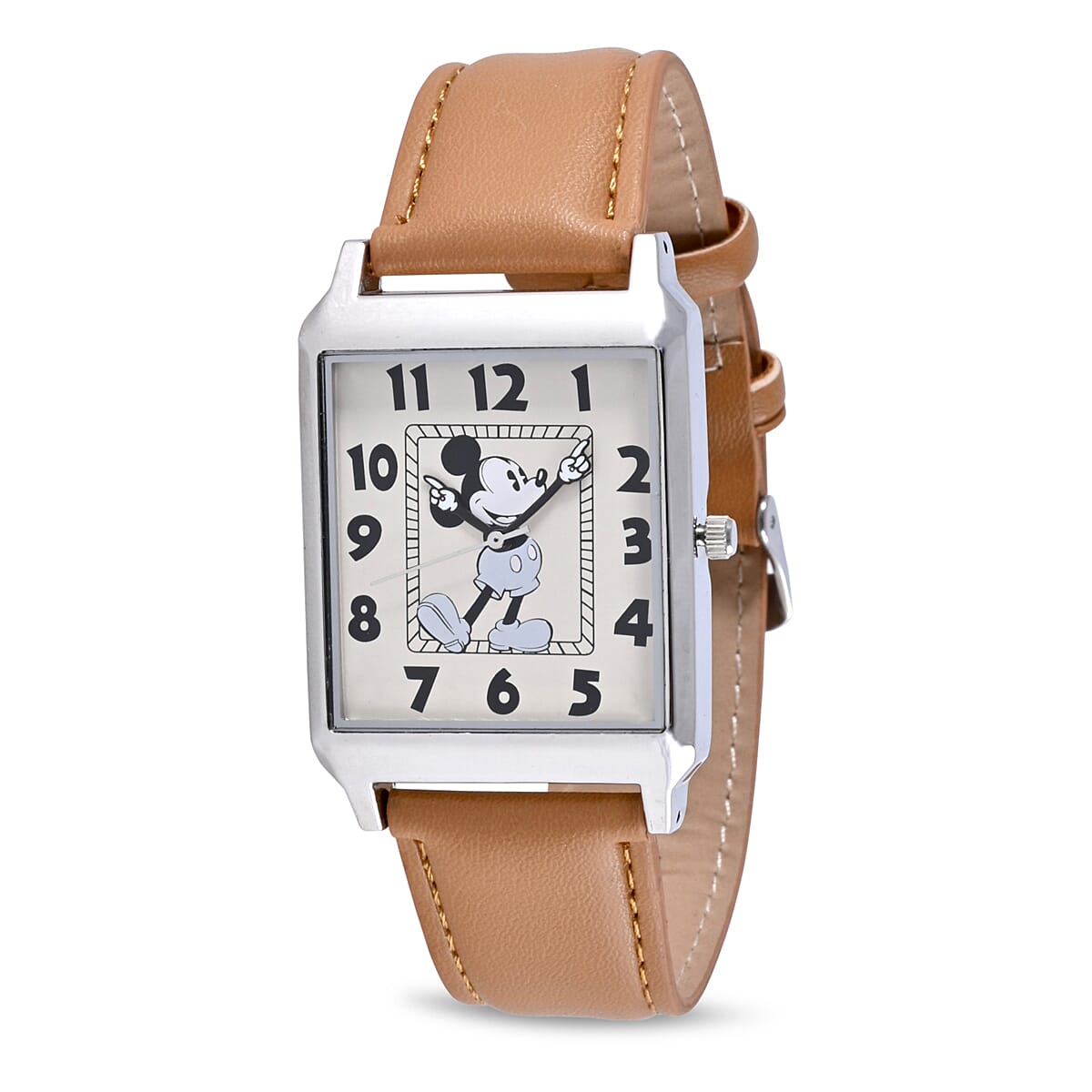 DISNEY Set of 2 Japanese Movement Mickey and Minnie Vintage Style Watch with Brown Vegan Leather (30X33mm. 7-9) & Cream Vegan Leather (25x28mm, 6-8)