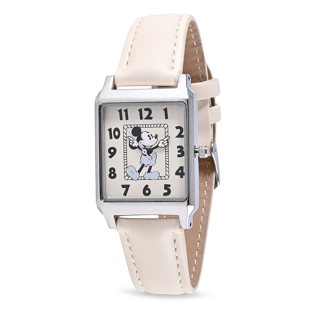 DISNEY Set of 2 Japanese Movement Mickey and Minnie Vintage Style Watch with Brown Vegan Leather (30X33mm. 7-9) & Cream Vegan Leather (25x28mm, 6-8)