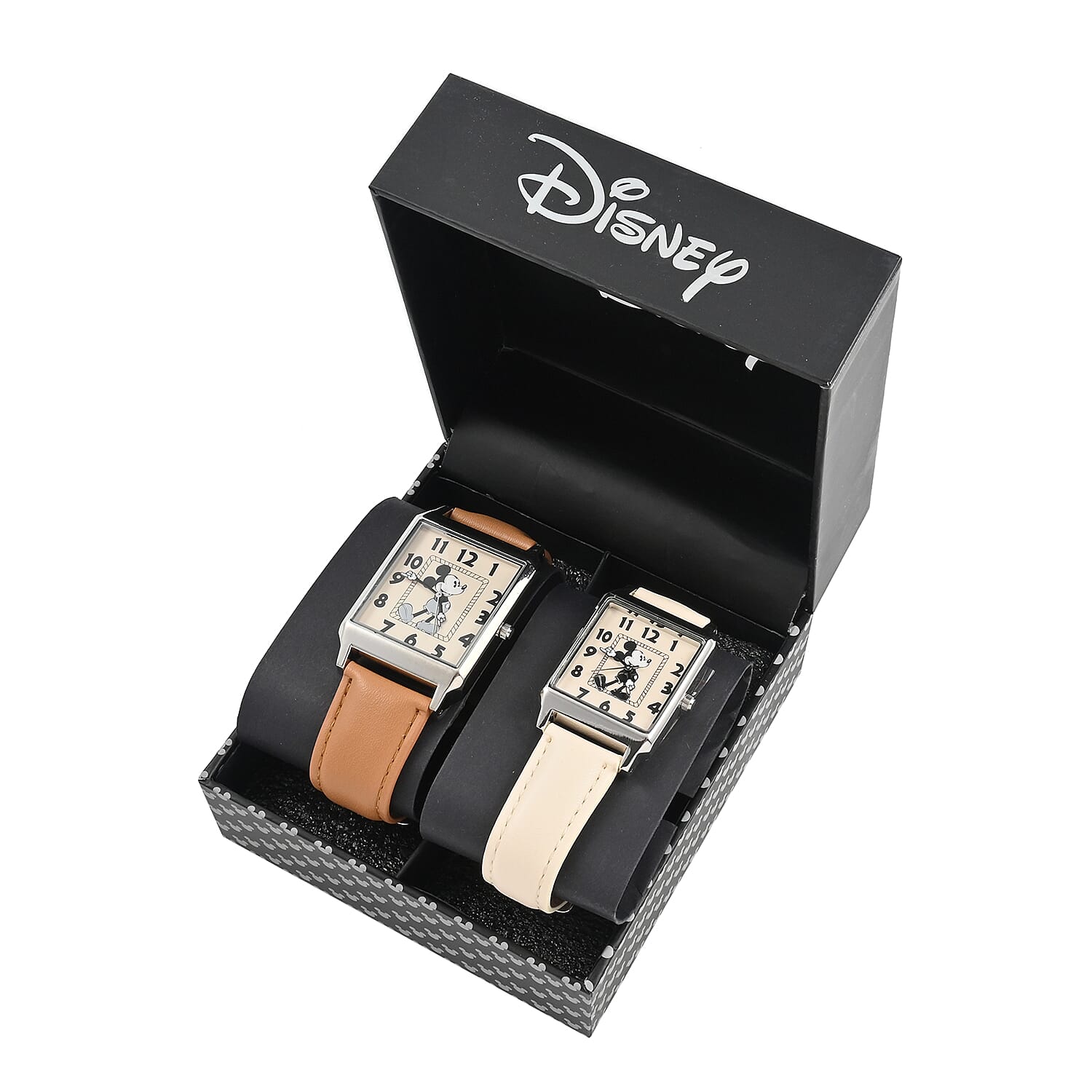 DISNEY Set of 2 Japanese Movement Mickey and Minnie Vintage Style Watch with Brown Vegan Leather (30X33mm. 7-9) & Cream Vegan Leather (25x28mm, 6-8)