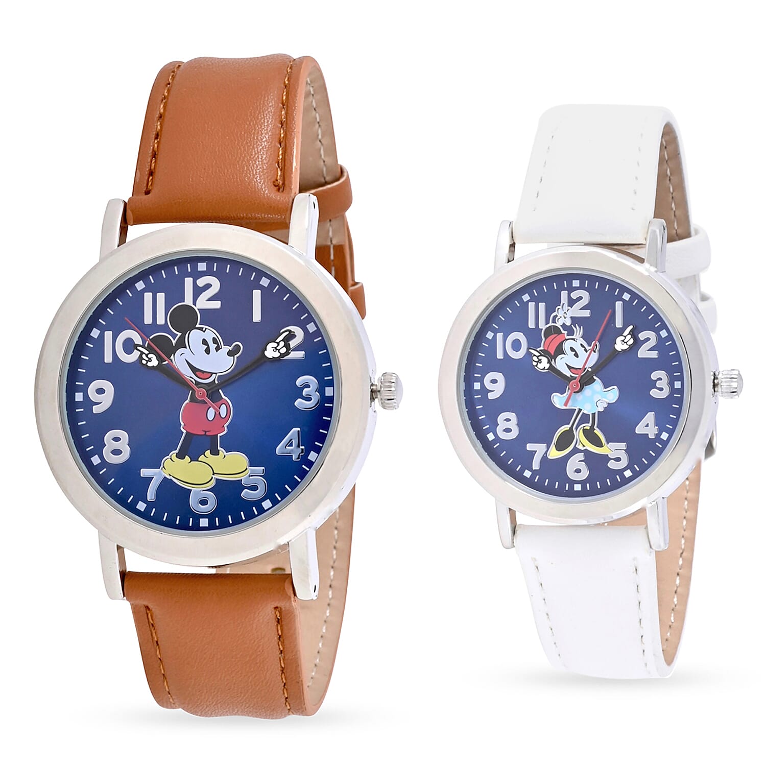 DISNEY Set of 2 Japanese Movement Mickey and Minnie Blue Dial Hands Watch with Brown Vegan Leather (42mm, 7-9) & White Vegan Leather (32mm, 6-8)