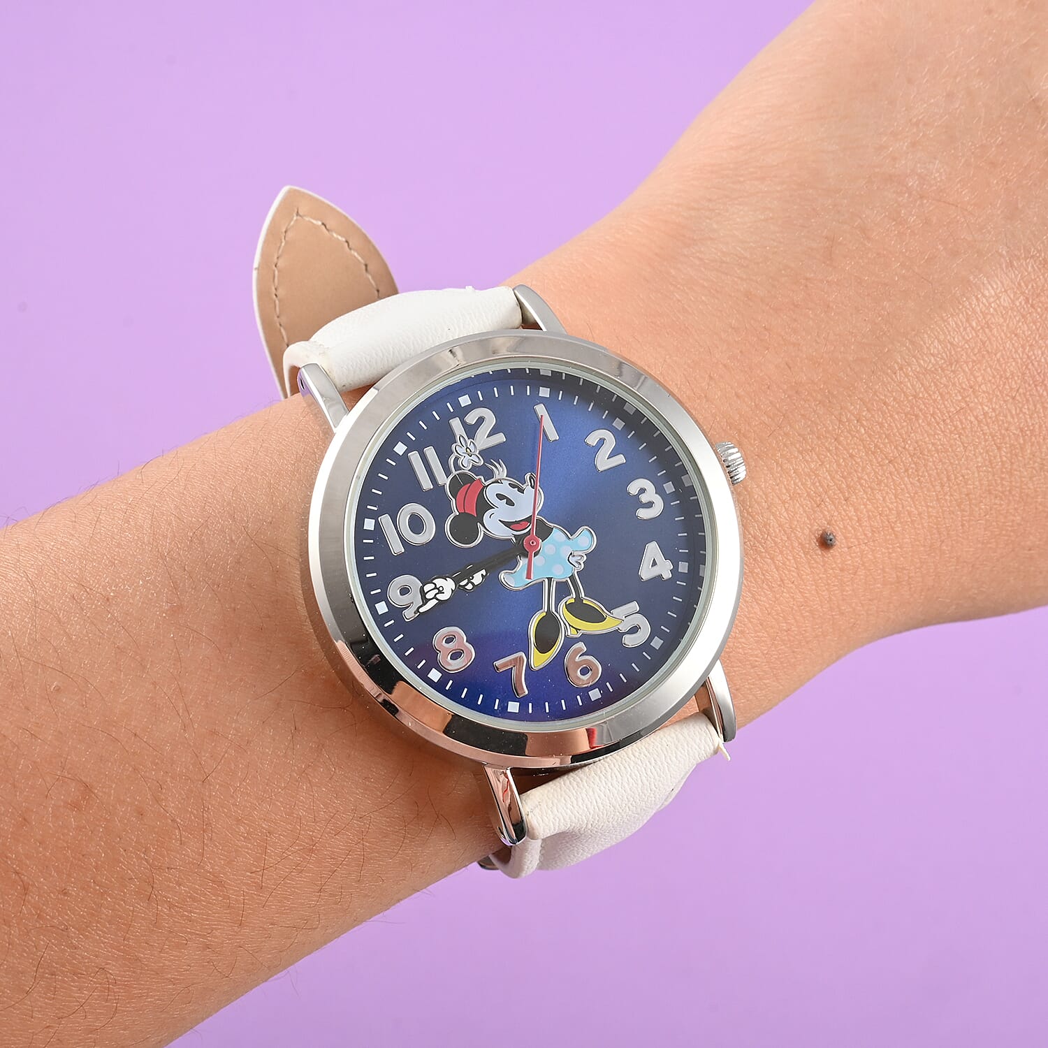 DISNEY Set of 2 Japanese Movement Mickey and Minnie Blue Dial Hands Watch with Brown Vegan Leather (42mm, 7-9) & White Vegan Leather (32mm, 6-8)