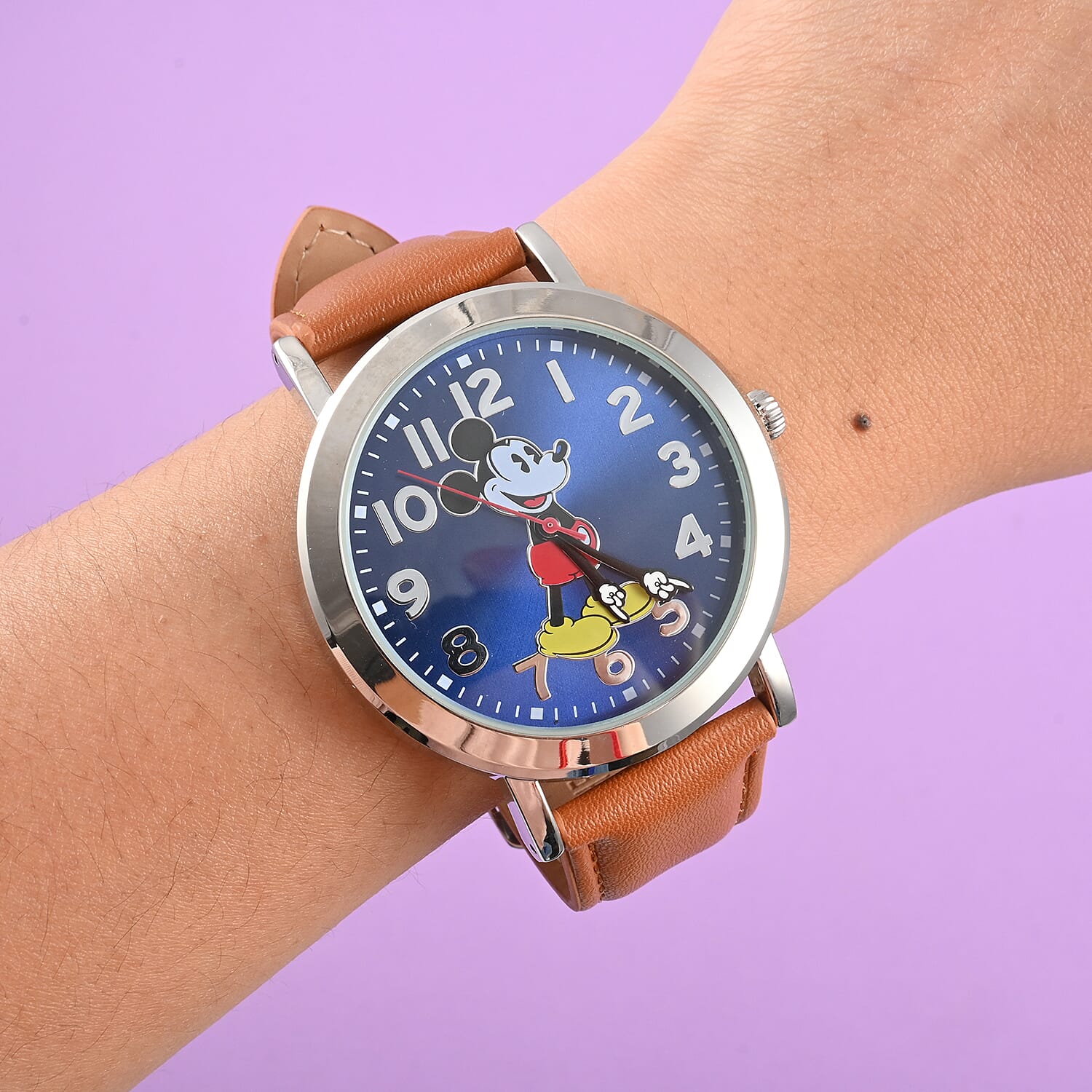 DISNEY Set of 2 Japanese Movement Mickey and Minnie Blue Dial Hands Watch with Brown Vegan Leather (42mm, 7-9) & White Vegan Leather (32mm, 6-8)
