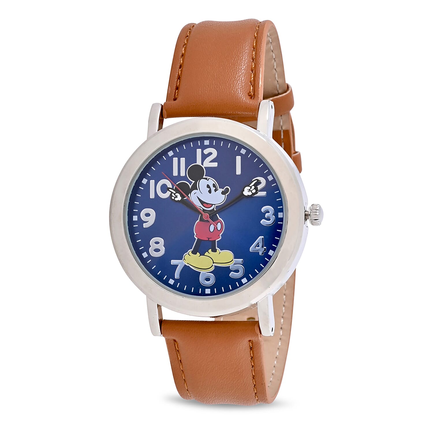 DISNEY Set of 2 Japanese Movement Mickey and Minnie Blue Dial Hands Watch with Brown Vegan Leather (42mm, 7-9) & White Vegan Leather (32mm, 6-8)