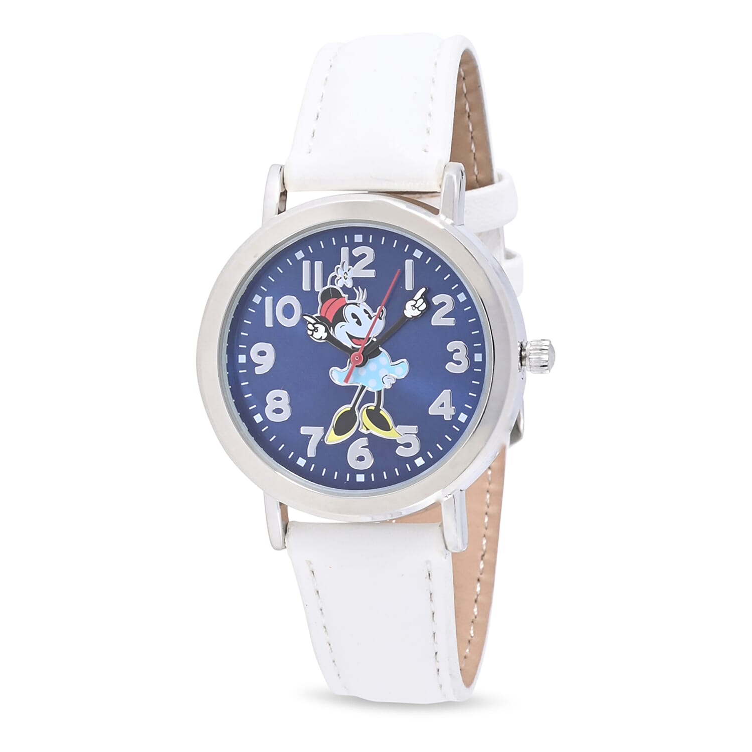 DISNEY Set of 2 Japanese Movement Mickey and Minnie Blue Dial Hands Watch with Brown Vegan Leather (42mm, 7-9) & White Vegan Leather (32mm, 6-8)