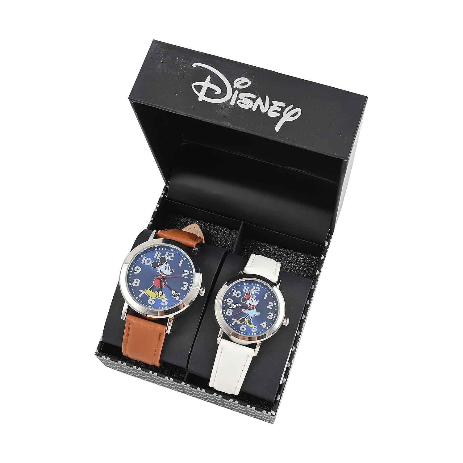 DISNEY Set of 2 Japanese Movement Mickey and Minnie Blue Dial Hands Watch with Brown Vegan Leather (42mm, 7-9) & White Vegan Leather (32mm, 6-8)