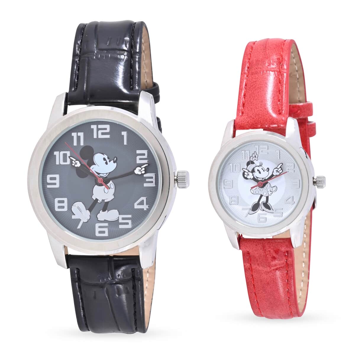 DISNEY Set of 2 Japanese Movement Mickey and Minnie Hands Watch with Black Vegan Croc Leather (42mm,7-9) & Red Vegan Croc Leather (32mm, 6-8) image number 0