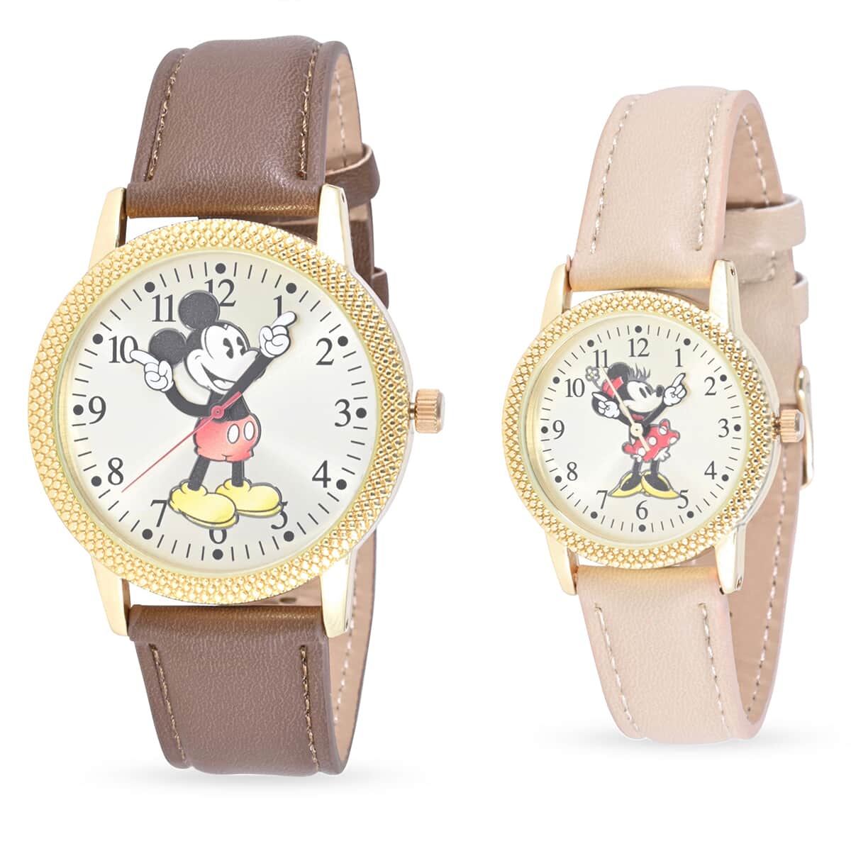 DISNEY Set of 2 Japanese Movement Mickey and Minnie Hands Watch with Brown Vegan Leather (42mm, 7-9) & Tan Vegan Leather (32mm, 6-8) image number 0