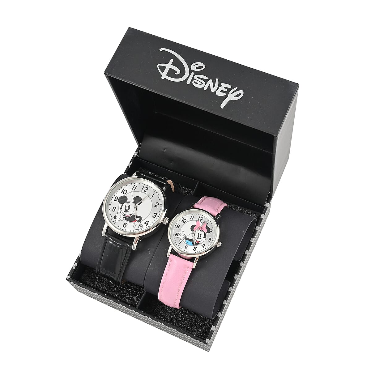 DISNEY Set of 2 Japanese Movement Mickey and Minnie Watch with Black Vegan Croc Leather (44mm, 7-9) & Pink Vegan Croc Leather (34mm, 6-8) image number 5