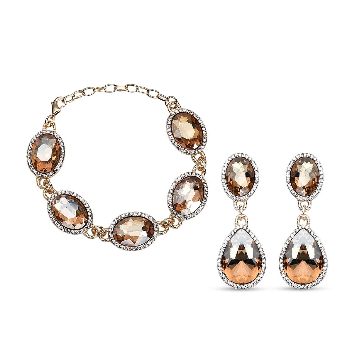 Simulated Champagne Quartz and Austrian Crystal Link Bracelet (7.0-9.0In) and Earrings in Goldtone image number 0