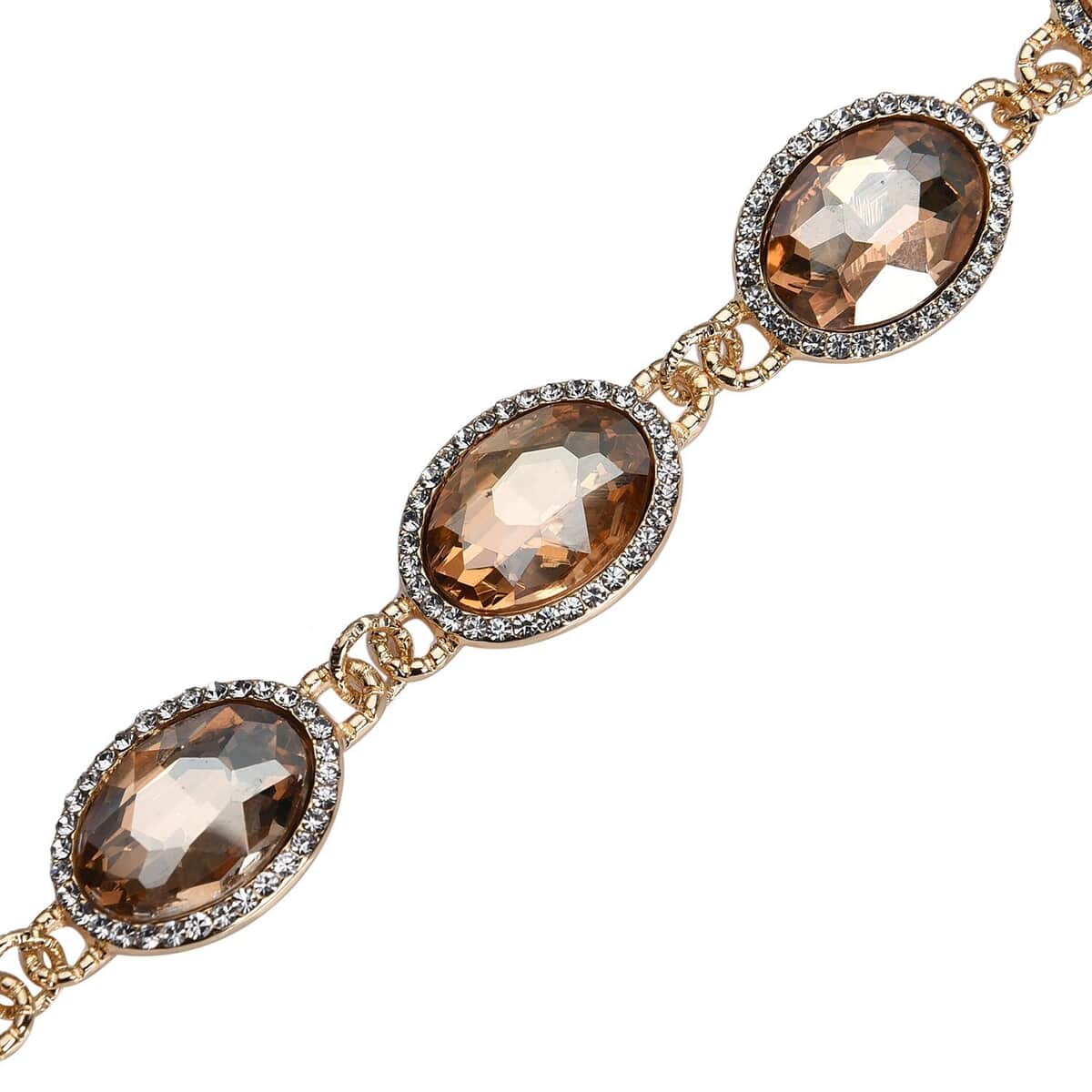 Simulated Champagne Quartz and Austrian Crystal Link Bracelet (7.0-9.0In) and Earrings in Goldtone image number 3