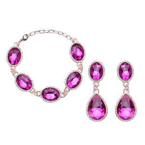 Simulated Pink Sapphire and Austrian Crystal Link Bracelet (7.0-9.0In) and Earrings in Rosetone