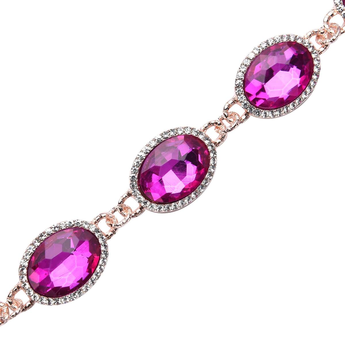 Simulated Pink Sapphire and Austrian Crystal Link Bracelet (7.0-9.0In) and Earrings in Rosetone image number 3