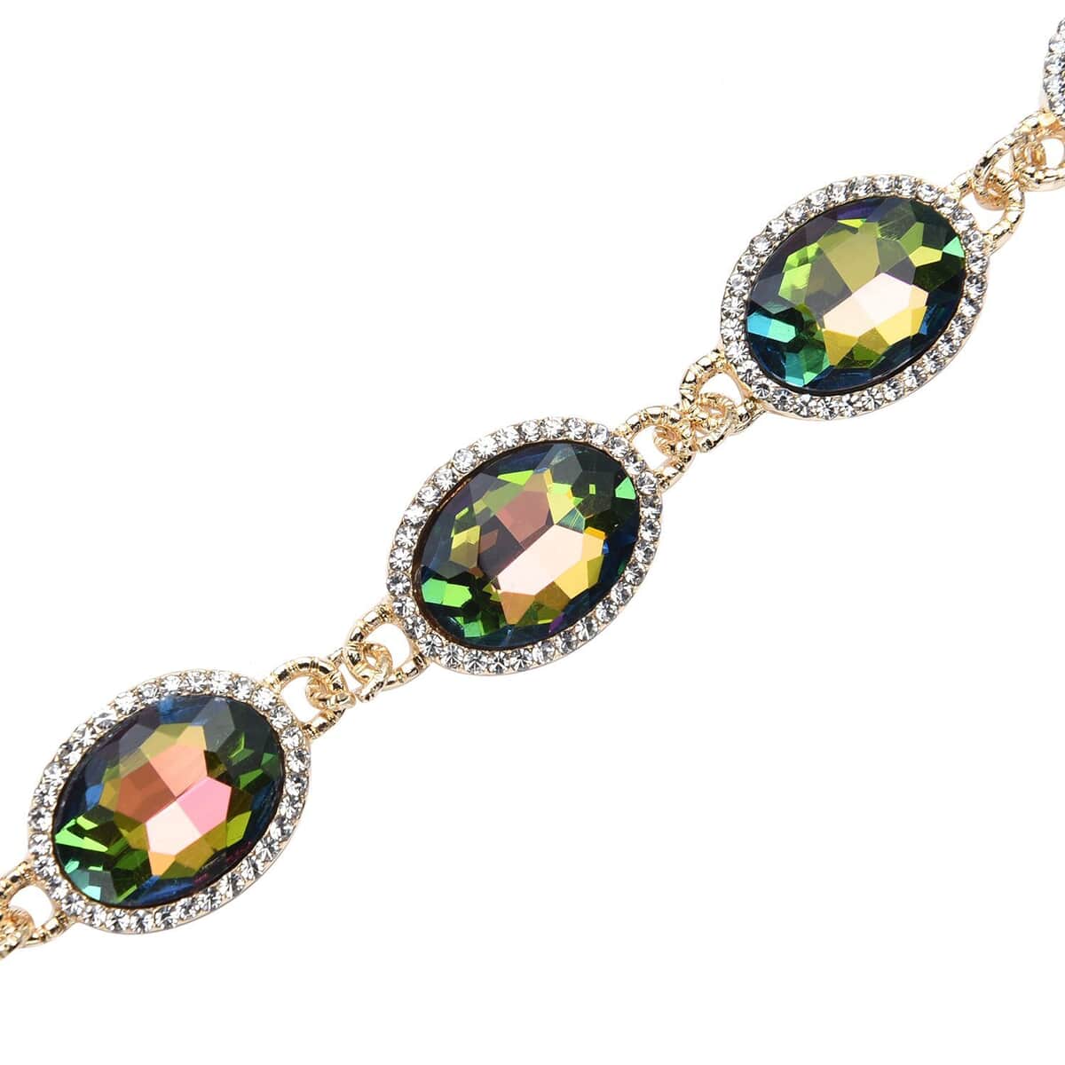 Simulated Mystic Color Quartz and Austrian Crystal Link Bracelet (7.0-9.0In) and Earrings in Goldtone image number 3