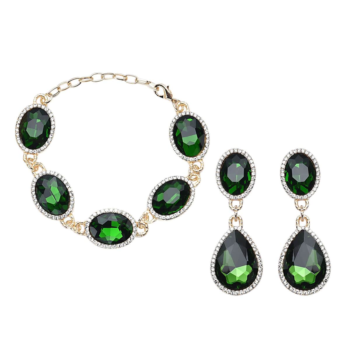 Simulated Diopside and Austrian Crystal Link Bracelet (7.0-9.0In) and Earrings in Goldtone image number 0