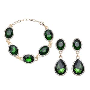 Simulated Diopside and Austrian Crystal Link Bracelet (7.0-9.0In) and Earrings in Goldtone