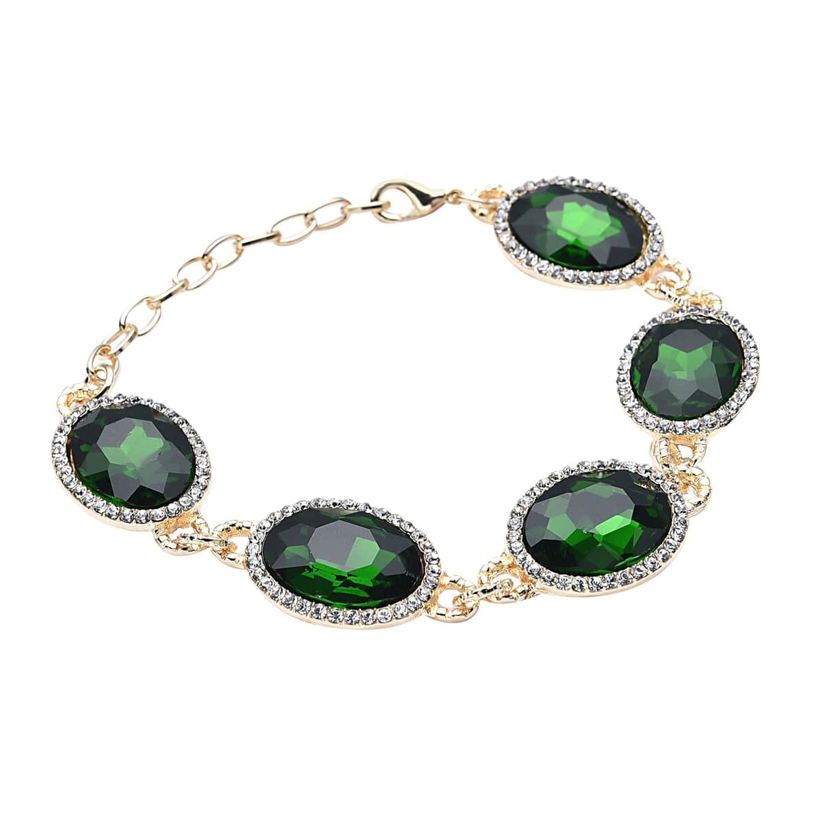 Simulated Diopside and Austrian Crystal Link Bracelet (7.0-9.0In) and Earrings in Goldtone image number 2
