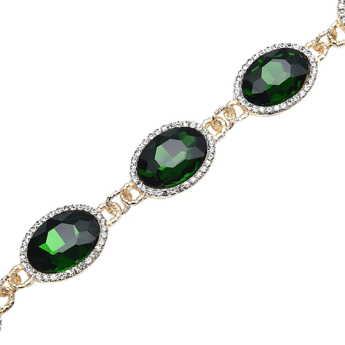 Simulated Diopside and Austrian Crystal Link Bracelet (7.0-9.0In) and Earrings in Goldtone image number 3