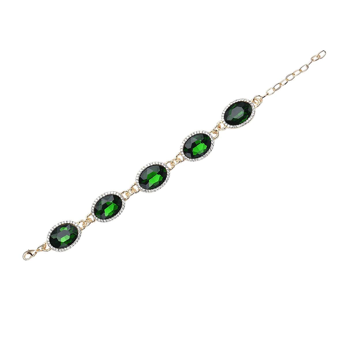 Simulated Diopside and Austrian Crystal Link Bracelet (7.0-9.0In) and Earrings in Goldtone image number 4