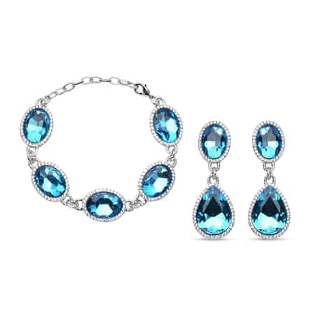 Simulated Blue Topaz and Austrian Crystal Link Bracelet (7.0-9.0In) and Earrings in Silvertone image number 0