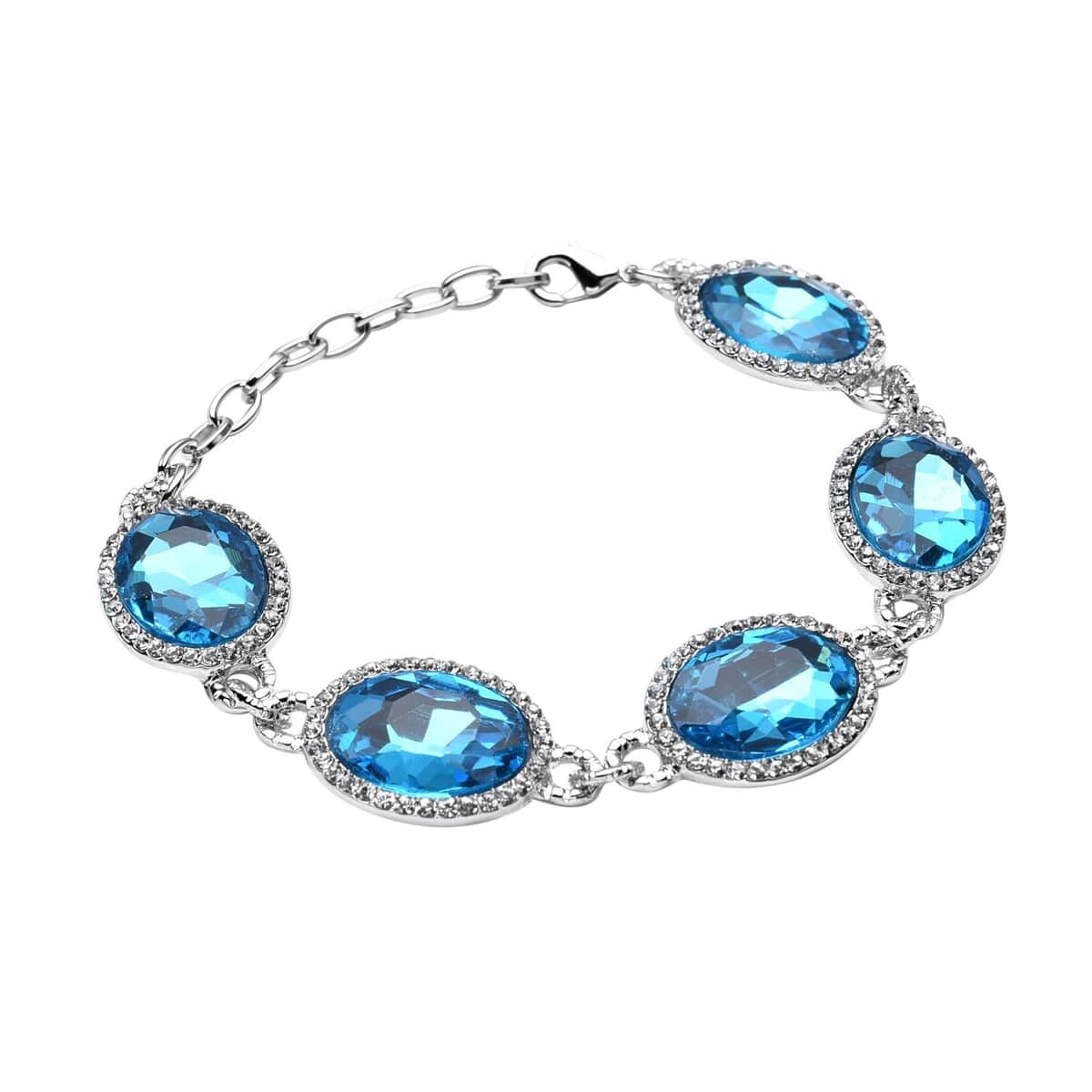 Simulated Blue Topaz and Austrian Crystal Link Bracelet (7.0-9.0In) and Earrings in Silvertone image number 2