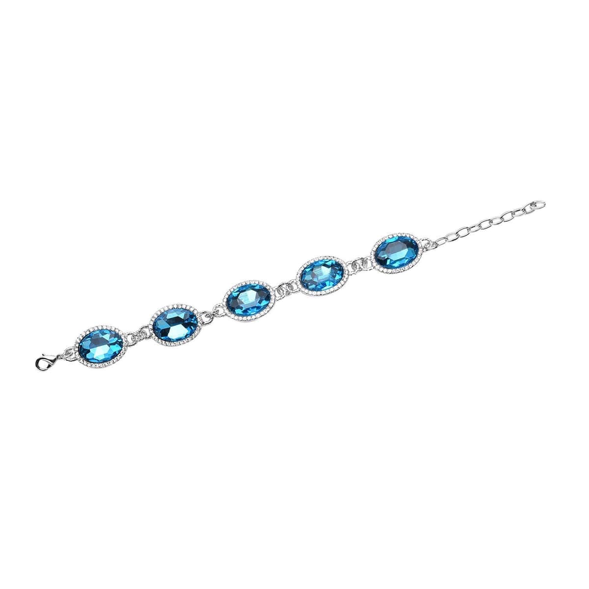 Simulated Blue Topaz and Austrian Crystal Link Bracelet (7.0-9.0In) and Earrings in Silvertone image number 4