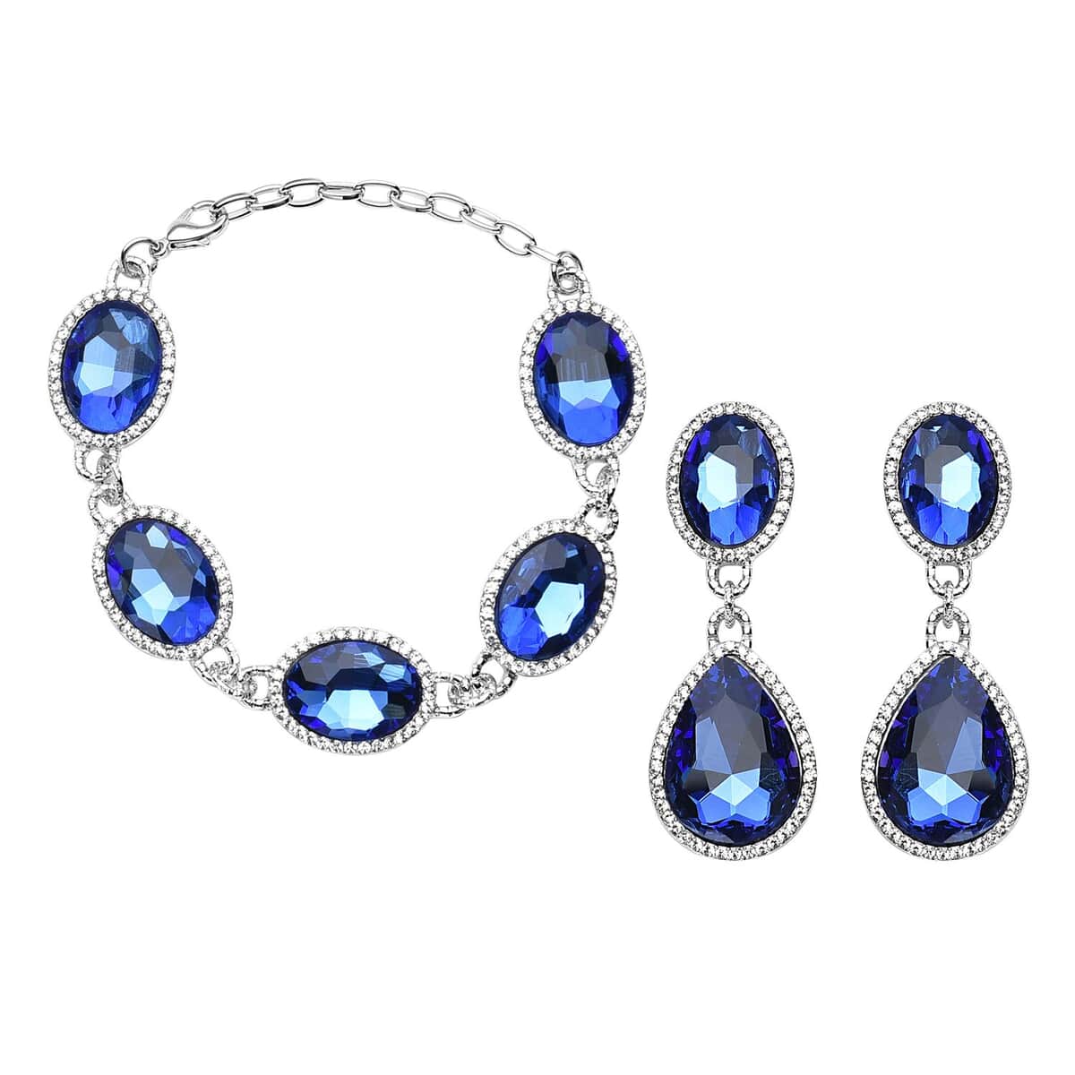 Simulated Blue Sapphire and Austrian Crystal Link Bracelet (7.0-9.0In) and Earrings in Silvertone image number 0