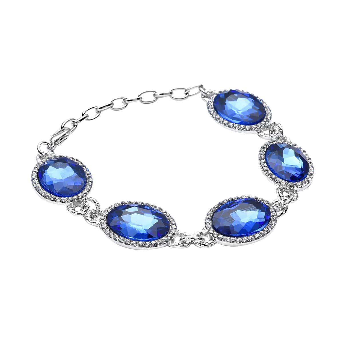 Simulated Blue Sapphire and Austrian Crystal Link Bracelet (7.0-9.0In) and Earrings in Silvertone image number 2