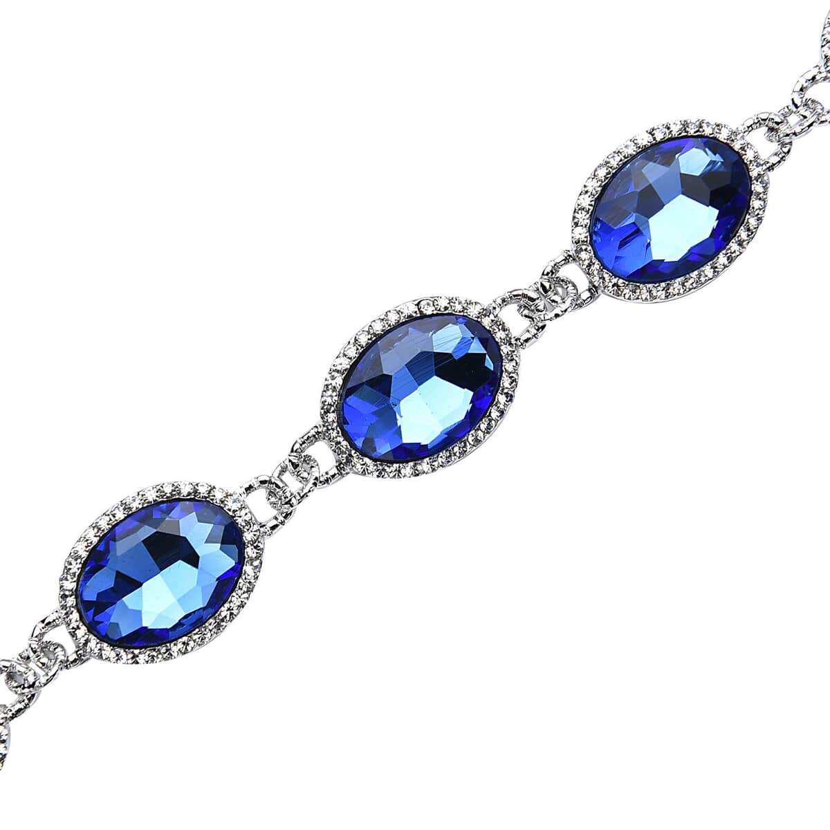 Simulated Blue Sapphire and Austrian Crystal Link Bracelet (7.0-9.0In) and Earrings in Silvertone image number 3